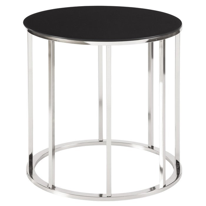 Round Tempered Glass Top End Table with Metal Frame, Black and Chrome