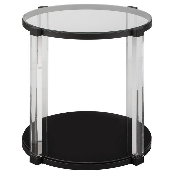 Round Tempered Glass Top End Table with Open Shelf, Black and Clear