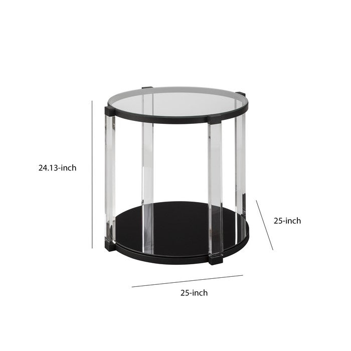 Round Tempered Glass Top End Table with Open Shelf, Black and Clear