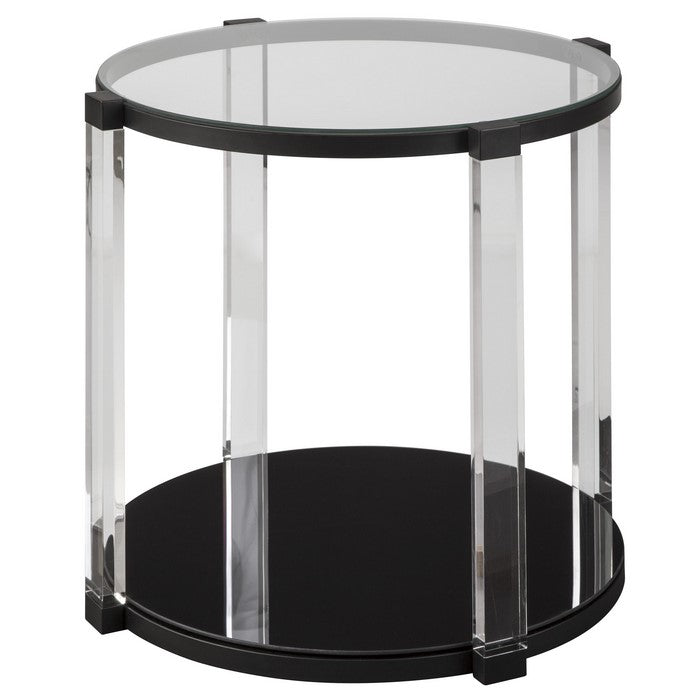 Round Tempered Glass Top End Table with Open Shelf, Black and Clear
