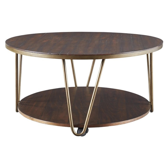 Round Wooden Cocktail Table with 1 Open Shelf and Casters, Brown and Brass
