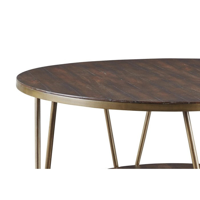 Round Wooden Cocktail Table with 1 Open Shelf and Casters, Brown and Brass