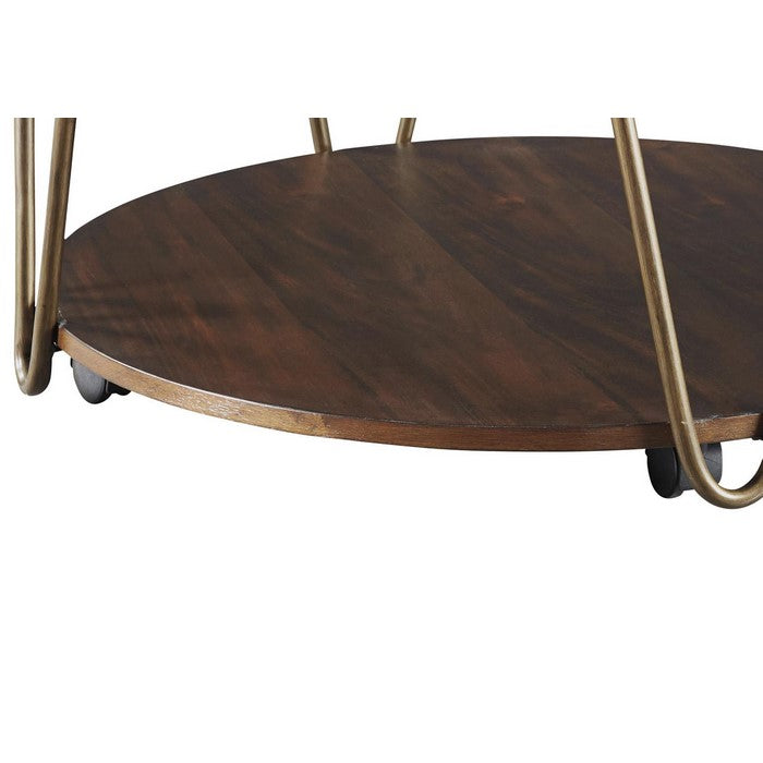 Round Wooden Cocktail Table with 1 Open Shelf and Casters, Brown and Brass