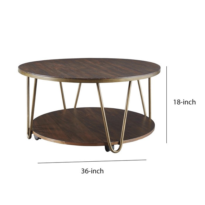 Round Wooden Cocktail Table with 1 Open Shelf and Casters, Brown and Brass