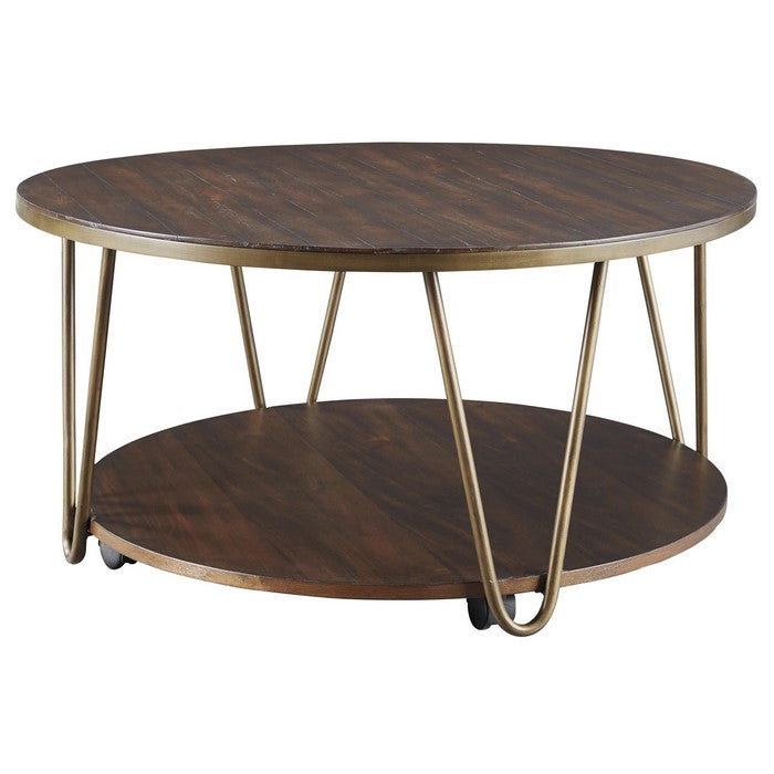 Round Wooden Cocktail Table with 1 Open Shelf and Casters, Brown and Brass
