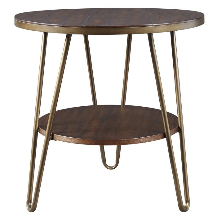 Round Wooden End Table with 1 Open Shelf and Hairpin Legs, Brown and Brass