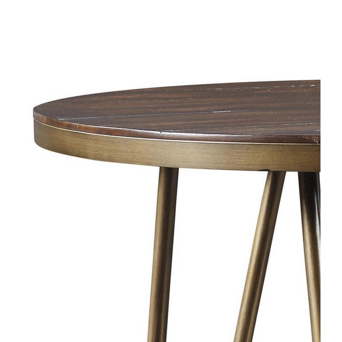Round Wooden End Table with 1 Open Shelf and Hairpin Legs, Brown and Brass