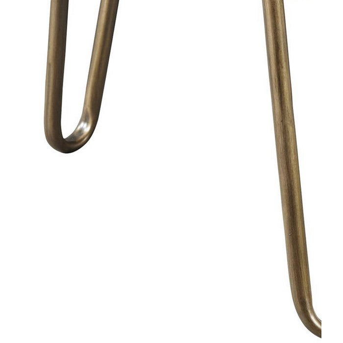 Round Wooden End Table with 1 Open Shelf and Hairpin Legs, Brown and Brass