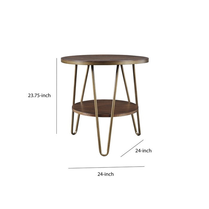 Round Wooden End Table with 1 Open Shelf and Hairpin Legs, Brown and Brass