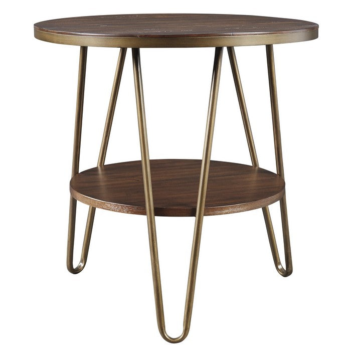 Round Wooden End Table with 1 Open Shelf and Hairpin Legs, Brown and Brass