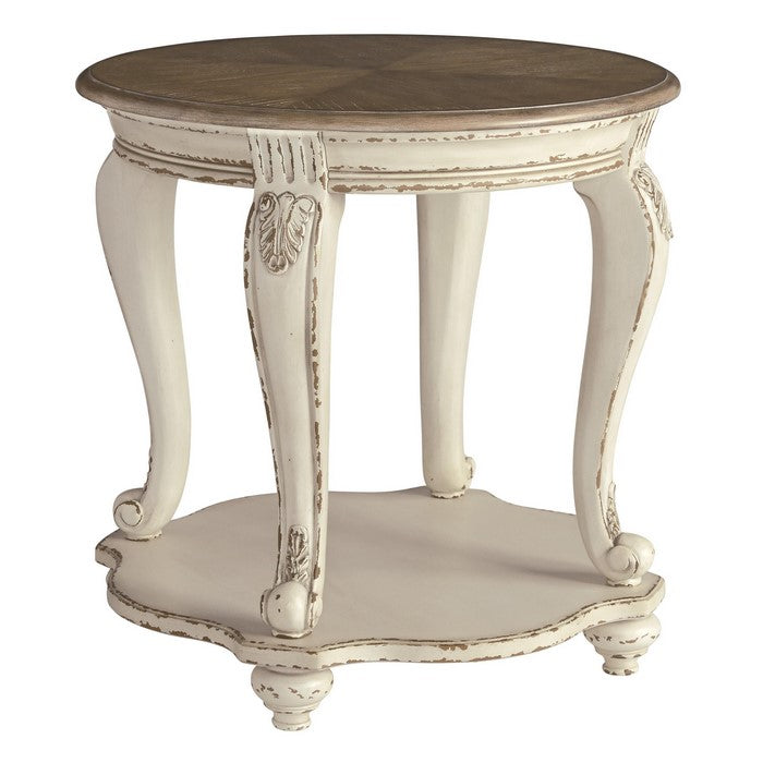 Round Wooden End Table with Open Bottom Shelf, Brown and Antique White