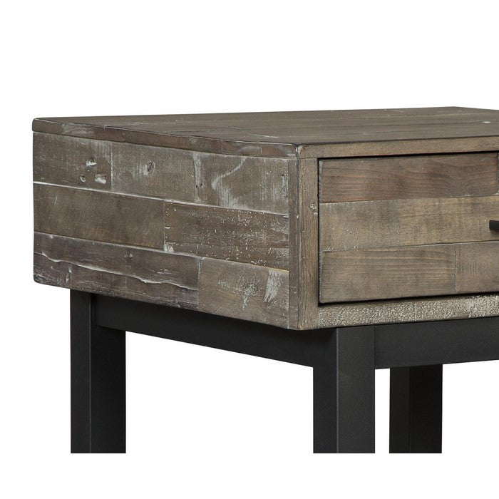 Square Butcher Block Wooden End Table with 1 Drawer, Brown and Black
