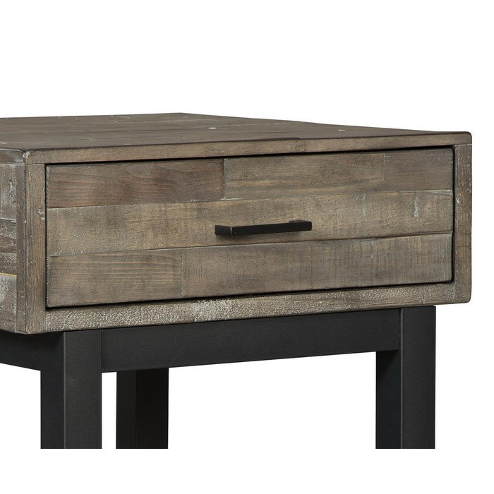 Square Butcher Block Wooden End Table with 1 Drawer, Brown and Black