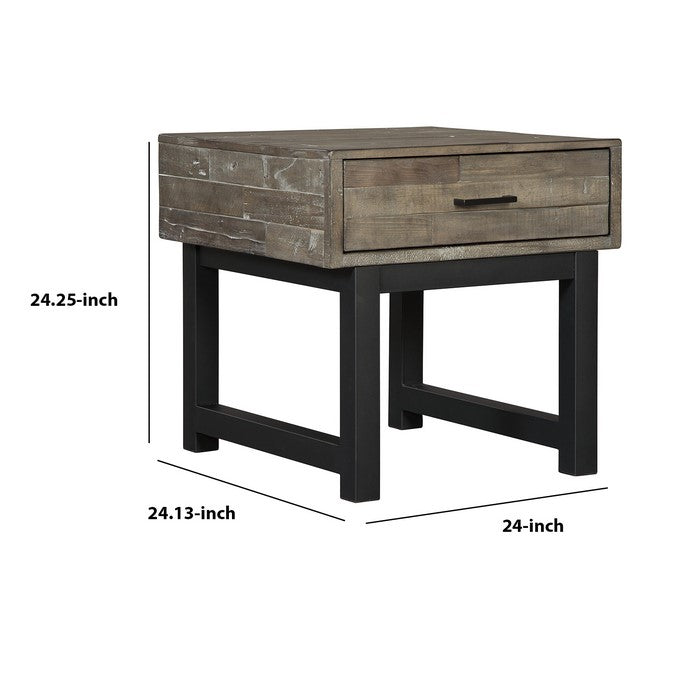 Square Butcher Block Wooden End Table with 1 Drawer, Brown and Black