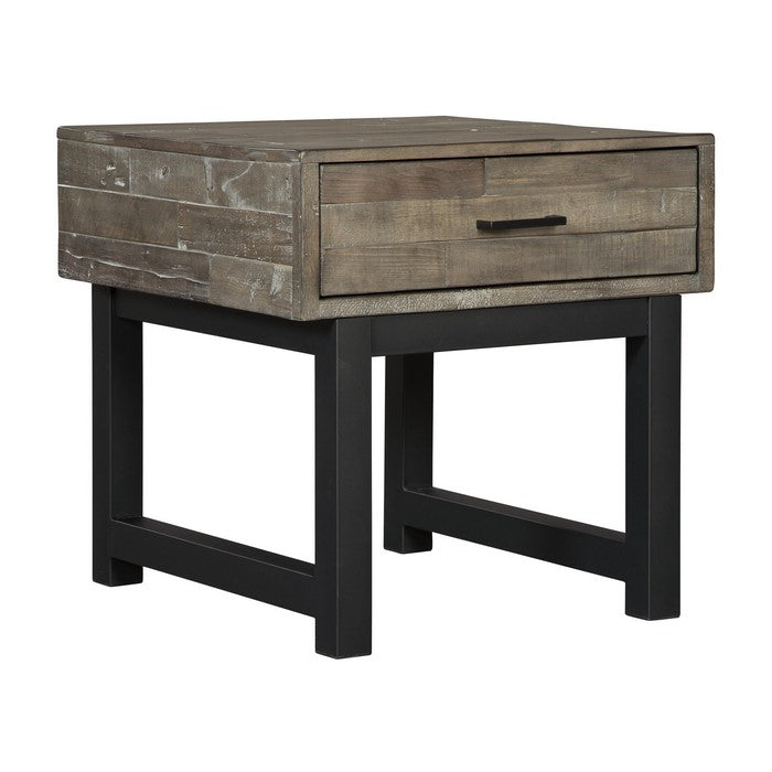 Square Butcher Block Wooden End Table with 1 Drawer, Brown and Black