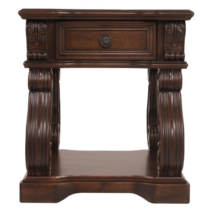 Square Engraved Wooden Frame End Table with Cabriole Legs, Dark Brown