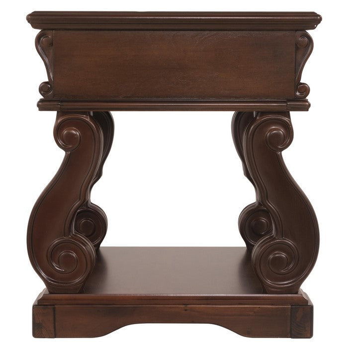 Square Engraved Wooden Frame End Table with Cabriole Legs, Dark Brown