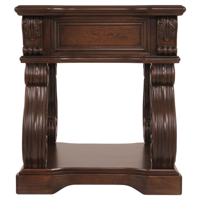 Square Engraved Wooden Frame End Table with Cabriole Legs, Dark Brown