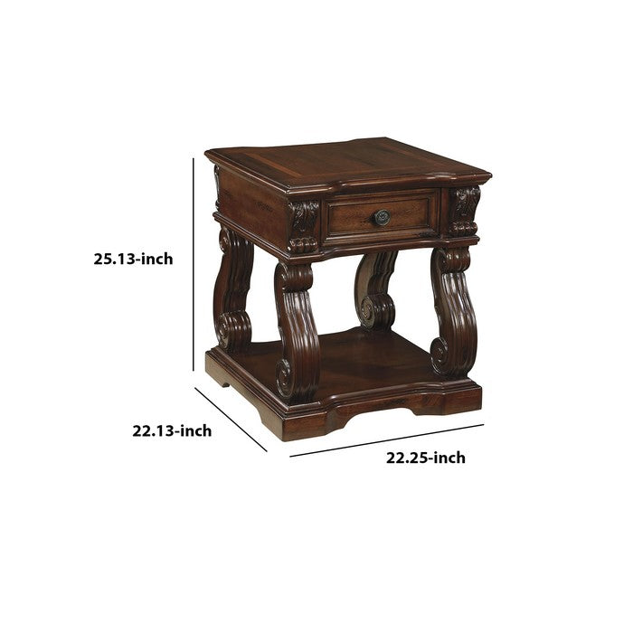 Square Engraved Wooden Frame End Table with Cabriole Legs, Dark Brown