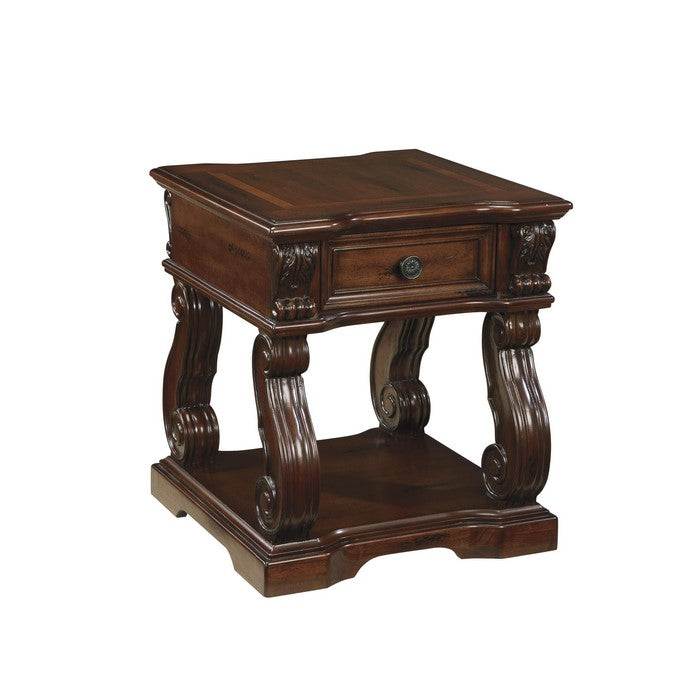 Square Engraved Wooden Frame End Table with Cabriole Legs, Dark Brown