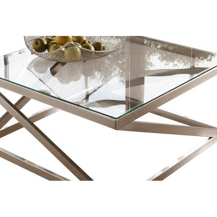 Square Glass Top Cocktail Table with Cantilever Frame, Silver and Clear