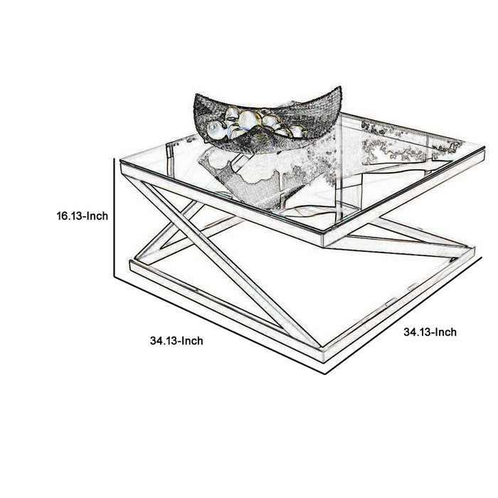 Square Glass Top Cocktail Table with Cantilever Frame, Silver and Clear