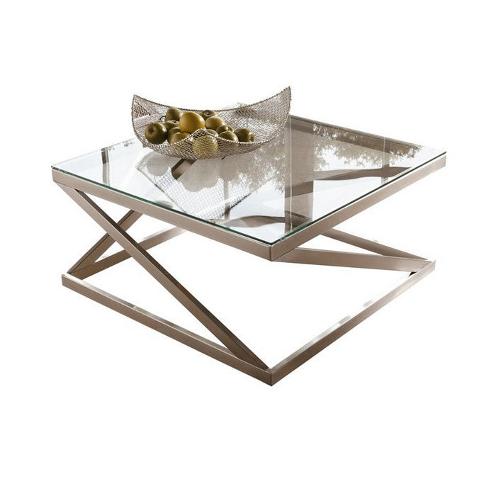 Square Glass Top Cocktail Table with Cantilever Frame, Silver and Clear