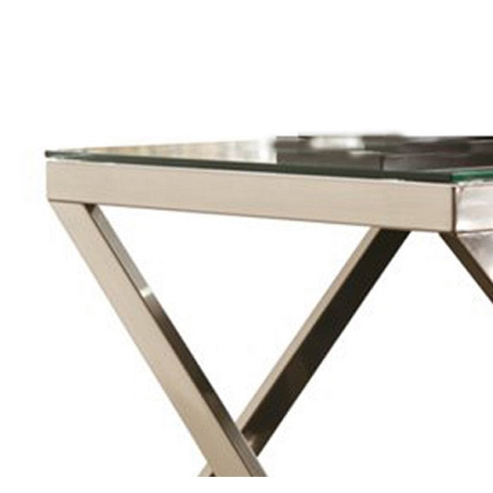 Square Glass Top Metal Frame End Table with X Shape Legs, Silver and Clear