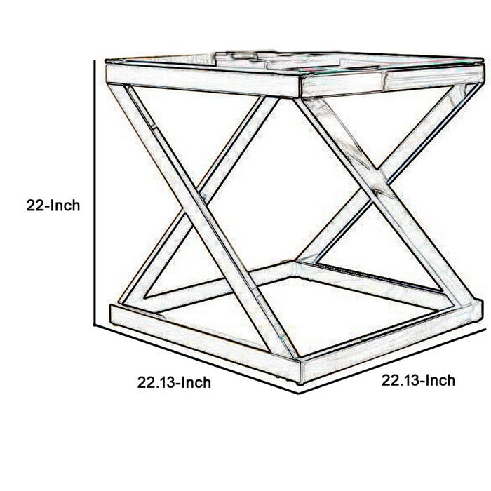 Square Glass Top Metal Frame End Table with X Shape Legs, Silver and Clear