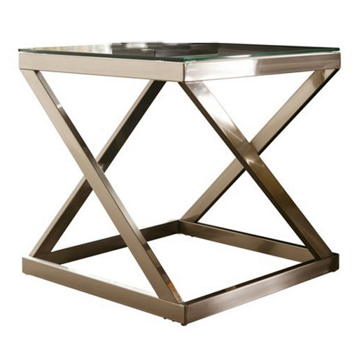 Square Glass Top Metal Frame End Table with X Shape Legs, Silver and Clear
