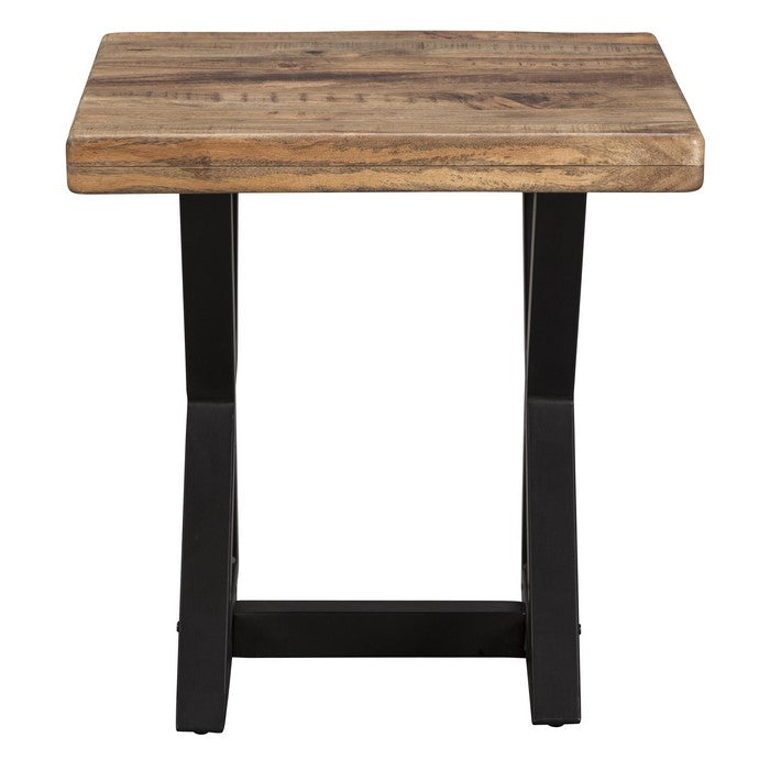 Square Grained Wooden Top End Table with X Metal Base, Brown and Black