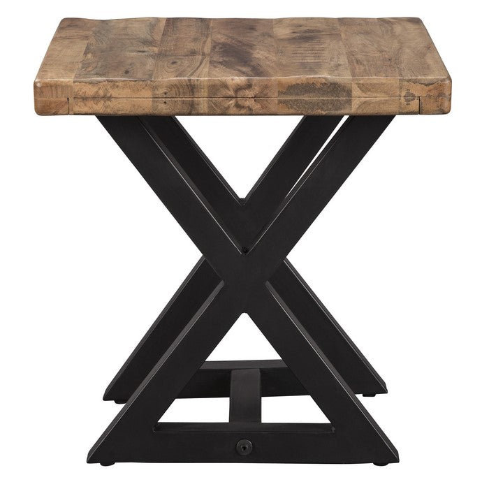 Square Grained Wooden Top End Table with X Metal Base, Brown and Black