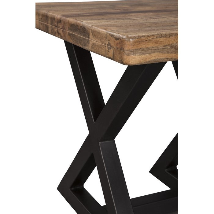 Square Grained Wooden Top End Table with X Metal Base, Brown and Black