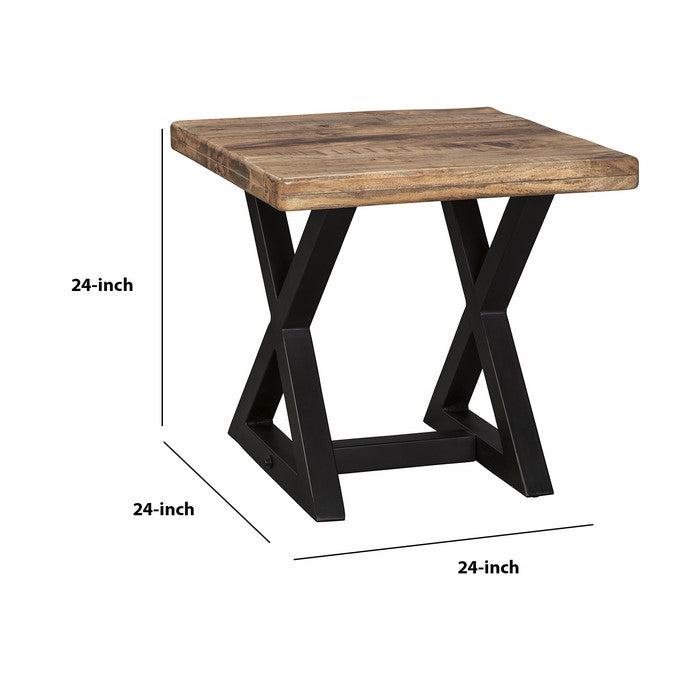 Square Grained Wooden Top End Table with X Metal Base, Brown and Black