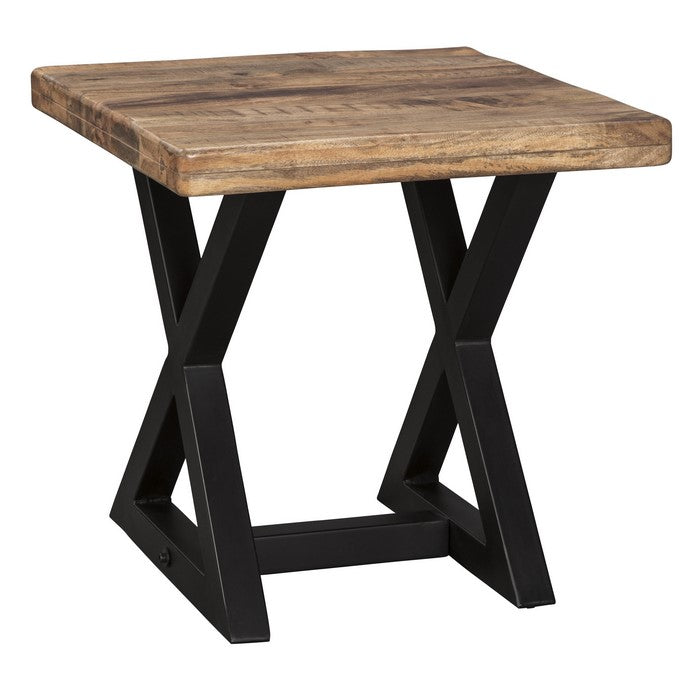 Square Grained Wooden Top End Table with X Metal Base, Brown and Black