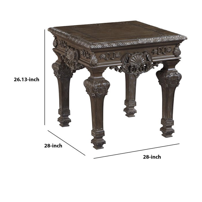 Square Ornate Engraved Wooden Frame End Table, Espresso Brown