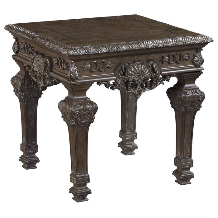 Square Ornate Engraved Wooden Frame End Table, Espresso Brown