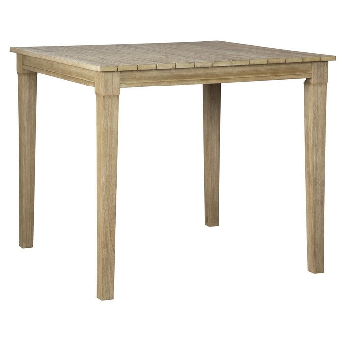 Square Wooden Frame Bar Table with Plank Tabletop, Teak Brown
