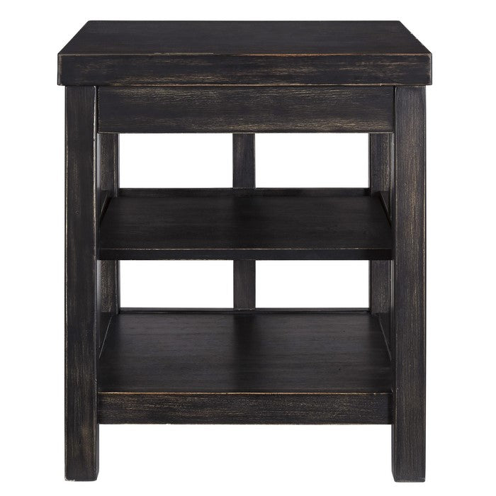 Square Wooden Frame End Table with 2 Open Shelves, Rubbed Black