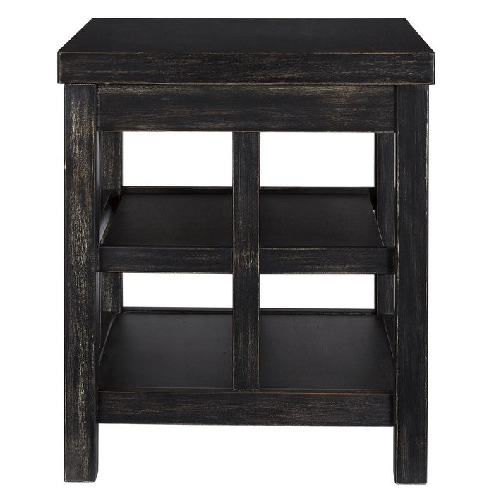 Square Wooden Frame End Table with 2 Open Shelves, Rubbed Black