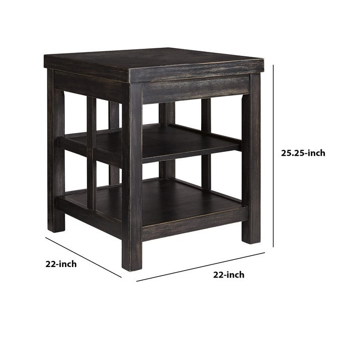 Square Wooden Frame End Table with 2 Open Shelves, Rubbed Black