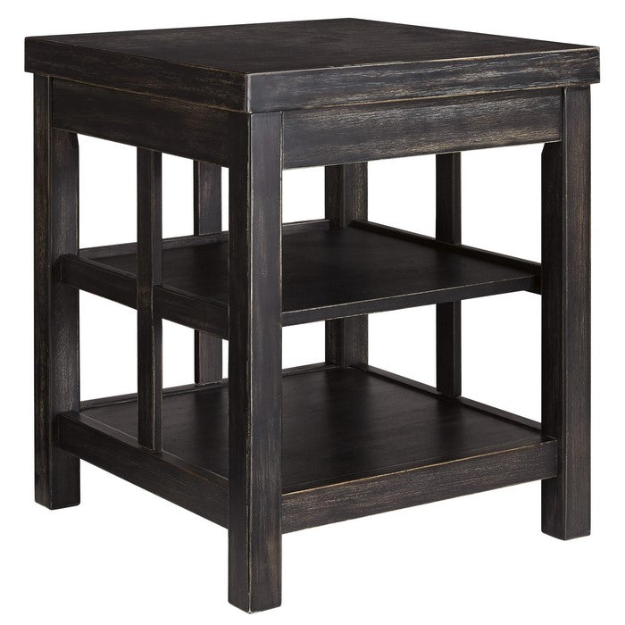 Square Wooden Frame End Table with 2 Open Shelves, Rubbed Black