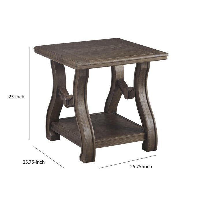 Square Wooden Frame End Table with Curved H Shaped Legs, Brown