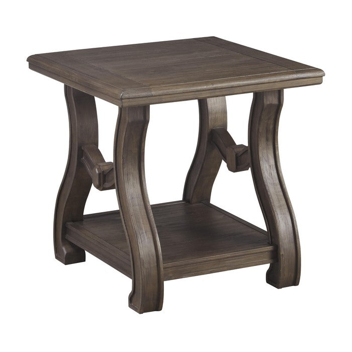 Square Wooden Frame End Table with Curved H Shaped Legs, Brown