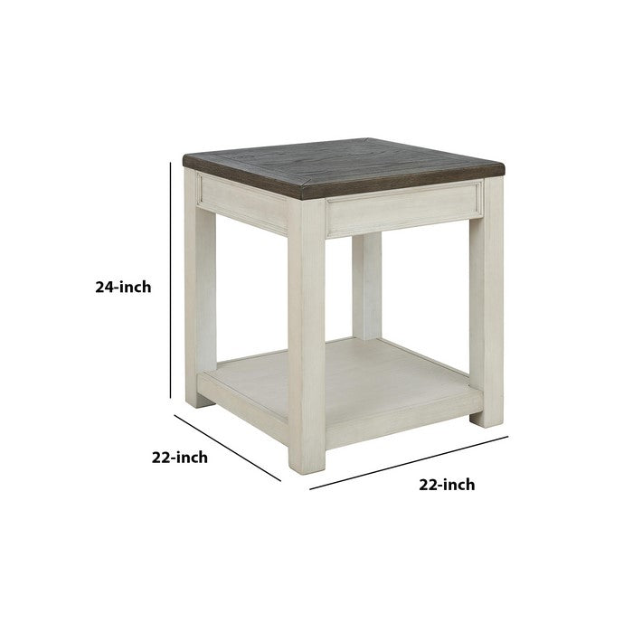 Square Wooden Frame End Table with Open Shelf, White and Brown