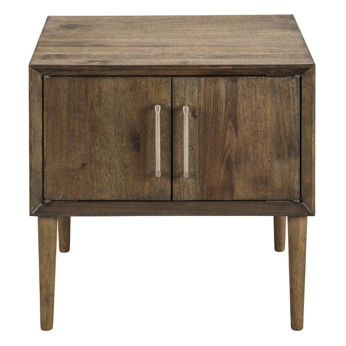 Square Wooden Frame End Table with Tapered Legs and Metal pulls, Brown
