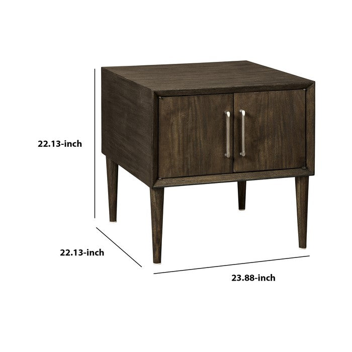 Square Wooden Frame End Table with Tapered Legs and Metal pulls, Brown