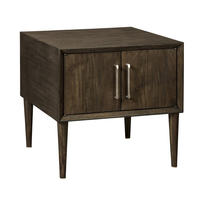 Square Wooden Frame End Table with Tapered Legs and Metal pulls, Brown