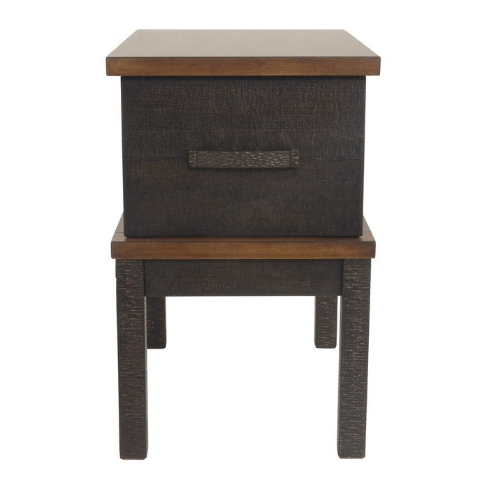 Textured Chair Side End Table with 1 Drawer and Power Strip, Brown