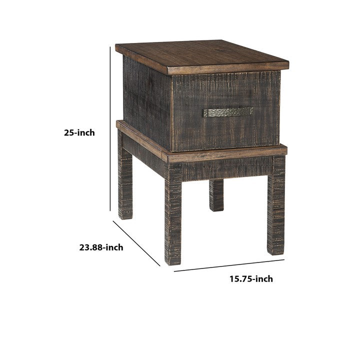 Textured Chair Side End Table with 1 Drawer and Power Strip, Brown